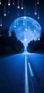 Mystical road with stars and blue moon in the night sky.