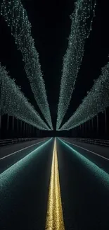 Starlit road illusion with glowing overhangs at night.