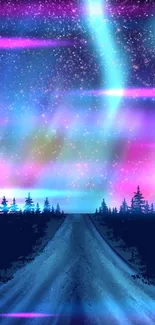 Road leading to a vibrant, aurora-lit night sky with shimmering stars.