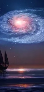 Galaxy swirling above starlit sea with ship silhouette.