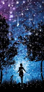 Silhouette under a blue and starry night sky wallpaper.