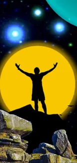 Silhouette on rocky terrain under yellow moon and stars.
