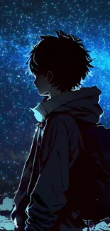 Silhouette of a person under a blue starry sky in anime style.