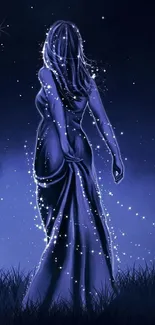 Silhouette of a woman under a starlit night sky.