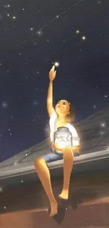 Boy reaching for stars on a rooftop under a starlit sky.