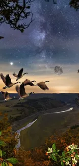 Geese flying beneath a starlit night sky with a scenic river view.