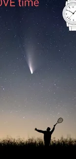 Starry sky with comet and silhouetted figure, featuring a watch graphic.