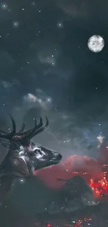 Majestic stag under a starry night sky with a glowing moon.