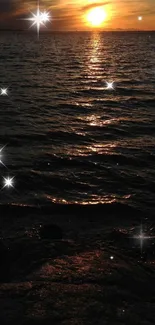 Starlit sunset scene over calm ocean waters.