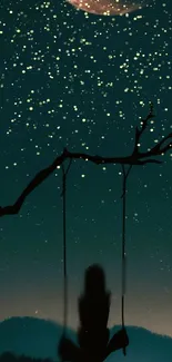 Silhouette on a swing under a starlit night sky.