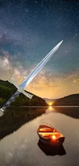 Sword floats over a starlit lake with an illuminated boat below.