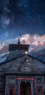 Temple with starry night sky and mountain backdrop.