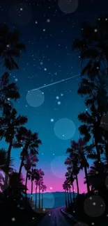 Tropical night scene with stars and palm tree silhouettes.