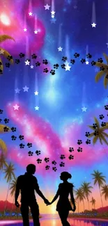 Silhouetted couple in tropical paradise under starlit sky wallpaper.