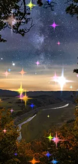 Starlit valley with river under night sky.