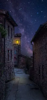 A serene village alley under a starry sky.