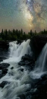 Starlit waterfall with Milky Way night sky.