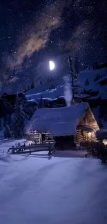 Snowy cabin under starry night sky with moonlight.