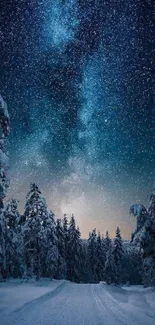 Snowy forest under a starry sky with Milky Way in background.