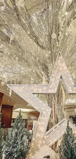 Illuminated star and wintery decor in a festive setting.