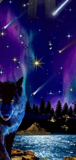 A lone wolf in a starry galaxy scene.