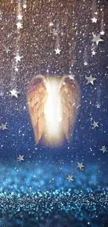 Angelic wings glowing amid starry cosmic background.