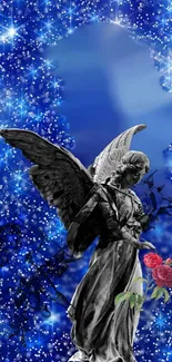 Angel statue with red roses against a starry blue sky.