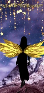 Silhouette with golden wings under a starry sky and mountain backdrop.