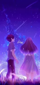 Anime couple under starry sky with purple tones.