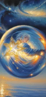 Anime character in a starry blue fantasy bubble, set against a cosmic background.