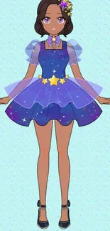 Anime girl in purple dress with starry details on a light blue background.