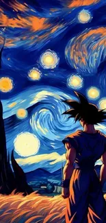 Anime character under Starry Night inspired sky with swirling stars.