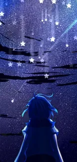 Anime night scene with starry sky and solitary figure gazing upwards.