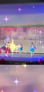 Ballet dancers performing under colorful starry lights on stage.