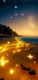 Fantasy landscape with starry night sky and glowing beach.