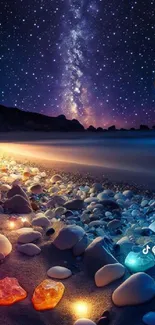 Starry night beach with glowing stones under a celestial sky.