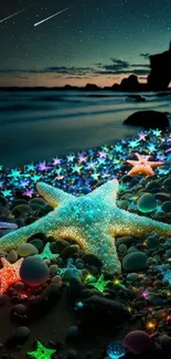 Glowing starfish on a night beach with vibrant and colorful scenery.