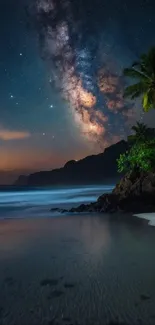 Starry night beach with Milky Way and palm trees.