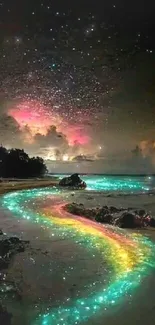 Starry night beach with colorful bioluminescent waves under a vibrant sky.