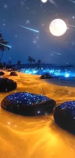 Magical starry night with glowing rocks on a beach.