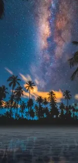 Tropical beach with palm trees silhouetted against a starry night and Milky Way sky.