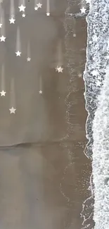 Serene coastal wallpaper with stars over beach waves.