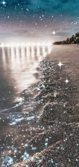 Starry night on a beach with glowing waves under a star-filled sky.