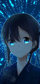 Anime character with blue eyes in starry night background.