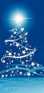 Starry Christmas tree on a blue background mobile wallpaper.