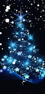 A blue starry Christmas tree glowing on a dark background, perfect for phones.