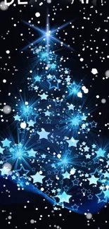 Starry blue Christmas tree with snowflakes on a dark background.