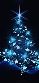 Glowing blue Christmas tree with stars