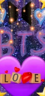 Starry night with BTS heart logo and tree silhouette in purple hues.