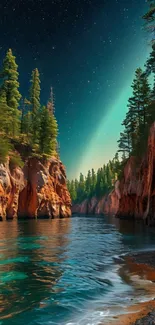 Starry night over a canyon stream with lush trees and cliffs.